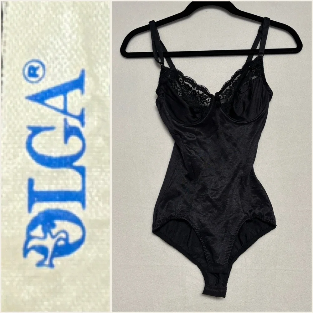 Vintage OLGA‎ 42007 Black Lace Trim Full Body Shaper Bodysuit 34B